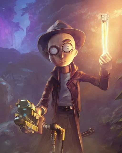 Image similar to Morty from the show Rick and Morty, Steampunk Sniper, Anthropomorphized, magic the gathering artwork, D&D, fantasy, cinematic lighting, centered, symmetrical, highly detailed, digital painting, artstation, concept art, smooth, sharp focus, illustration, volumetric lighting, epic Composition, 8k, art by Akihiko Yoshida and Greg Rutkowski and Craig Mullins, heroic pose, oil painting, cgsociety, Golden Steampunk city atmosphere