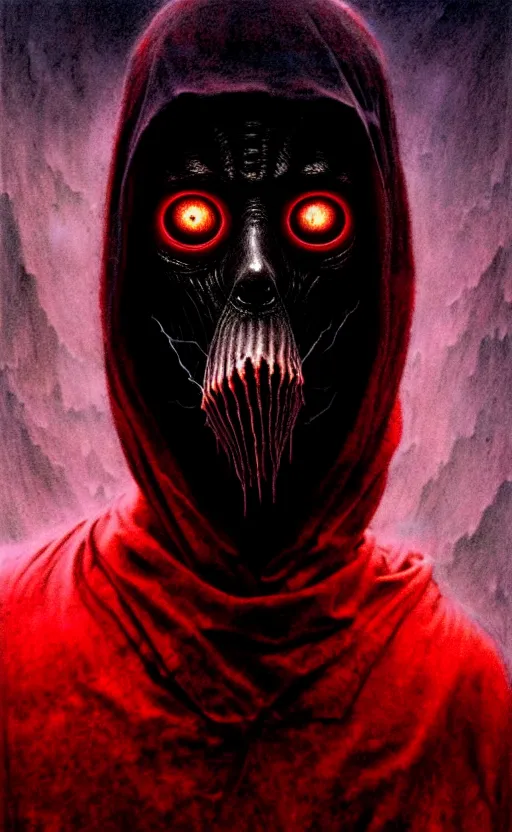 Image similar to a striking full body portrait of a pitch black masked eldritch shaman with sinister red eyes by moebius and beksinski and artgerm, detailed artwork, realism, 4 k resolution, detailed, high quality, sharp focus, hq artwork, insane detail, volumetric lighting, character concept art, fine details, tarot card, clear subject