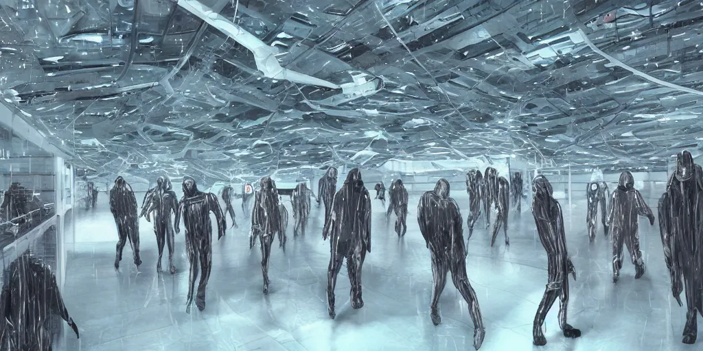 Image similar to sci - fi alien squad in wet cloaks, infiltrating on the ceiling of the mega - structure facility at midnight storm, lightning, digital art