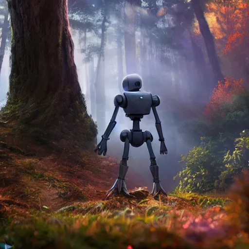 Image similar to ultra realistic and intricate detailed photograph of iron giant in forest from the movie, pixar, iron, giant, technology, innovation, bright modern style, artstation, unreal render, depth of field, ambient lighting, award winning, stunning