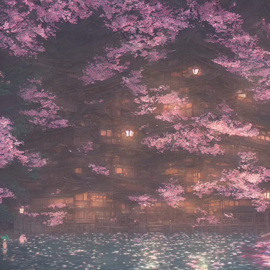 Japanese bath house at night (Spirited Away), cherry | Stable Diffusion ...