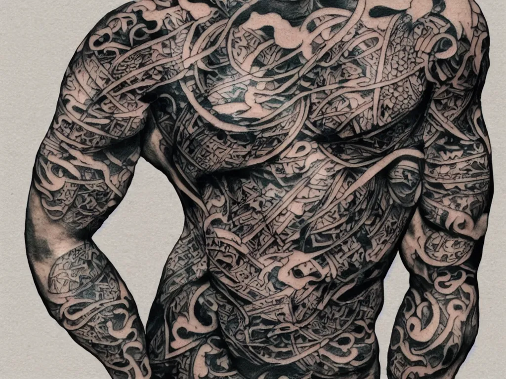 Prompt: front portrait of a muscular torso covered inTraditional Japanese Tattoo Style, tattoo, tattoo art, colorful, vibran, front view, art by Ruan Jia , Moebious, Craig Mullin, and Nick Knight