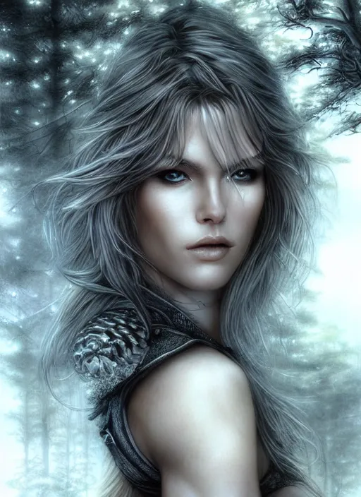 Image similar to photo of a gorgeous nordic female in a dark forest in, realistic, sharp focus, 8 k high definition, insanely detailed, intricate, elegant, art by stanley lau and artgerm, luis royo, greg kutkowski