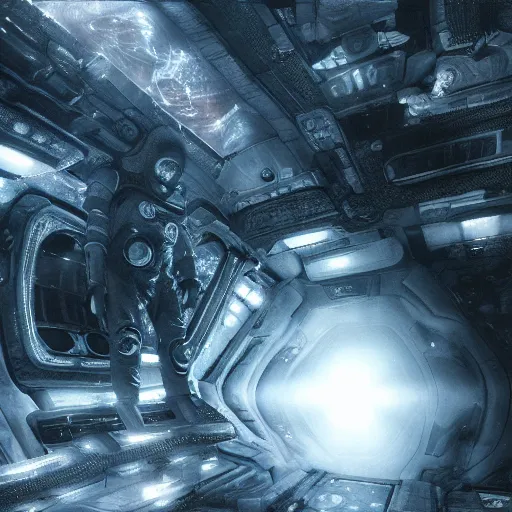 Image similar to concept art by craig mullins astronaut in futuristic dark and empty spaceship underwater. infrared complex and hyperdetailed technical suit. mandelbulb fractal. reflection and dispersion materials. rays and dispersion of light. volumetric light. 5 0 mm, f / 3 2. noise film photo. flash photography. unreal engine 4, octane render. interstellar movie art