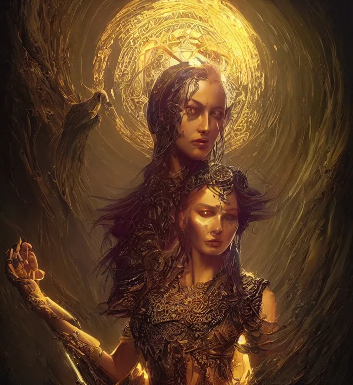 Image similar to unreal engine render of, centered Intricate portrait of a goddess, tarot card, dark souls colour scheme, luminal, smooth, coherent, high detailed, kerem beyit, Karol Bak, Chris Cold, james gurney, dan mumford, featured on artstation, instagram HD, unreal engine