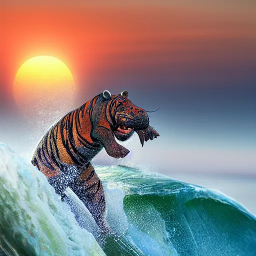 Prompt: a closeup photorealistic photograph of a happy tiger hippopotamus surfing a large wave during sunset. surf in the background. professional capture. brightly lit scene. this 4 k hd image is trending on artstation, featured on behance, well - rendered, extra crisp, features intricate detail, epic composition and the style of unreal engine.