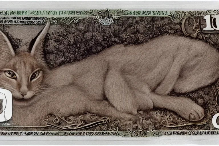 Image similar to one dollar banknote with face of cute caracal on it, intaglio style, photo realistic, ultra detailed, 8k, sharp focus