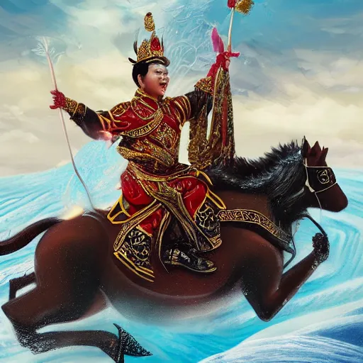 Image similar to an extremely realistic portrait depicting the coronation of xi jinping dressed in royal national costume, riding a hog on the frozen danube, close up, intricate, elegant, highly detailed, digital painting, artstation, concept art, smooth, sharp focus, illustration