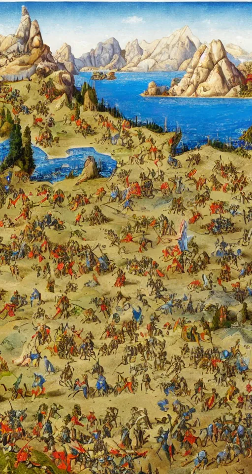Prompt: colorful simple wideshot of a medieval battle in front of a beautiful large blue mountainscape, painting