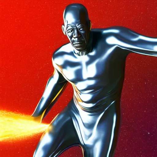 Image similar to Morgan Freeman as the Silver Surfer, octane render