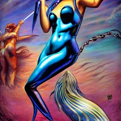 Image similar to mermaid cyborg with a laser whip, realistic, detailed, in the style of boris vallejo