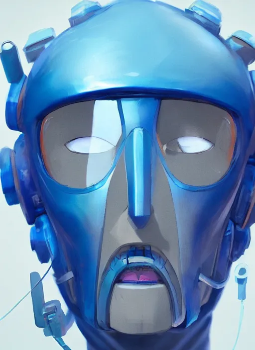 Prompt: concept art close up blue cyberpunk character with a plastic mask, by shinji aramaki, by christopher balaskas, by krenz cushart
