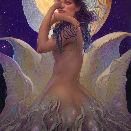 Image similar to queen of the moon with stars in her hair, by tino rodriguez and annie swynnerton and nicholas roerich and jean delville and donato giancola and tom bagshaw and lucien freud, dramatic lighting, goth tattoos, rich colors, smooth sharp focus, extremely detailed, adolf wolfli