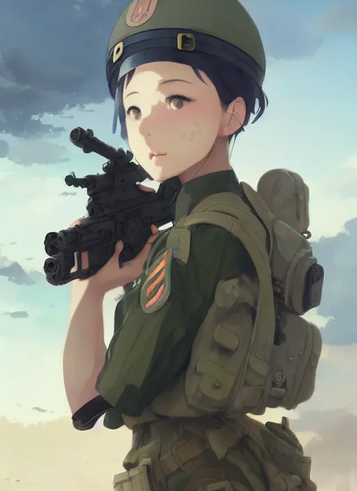 Image similar to portrait of cute soldier girl, cloudy sky background lush landscape illustration concept art anime key visual trending pixiv fanbox by wlop and greg rutkowski and makoto shinkai and studio ghibli and kyoto animation soldier clothing military gear realistic anatomy mechanized modern warfare