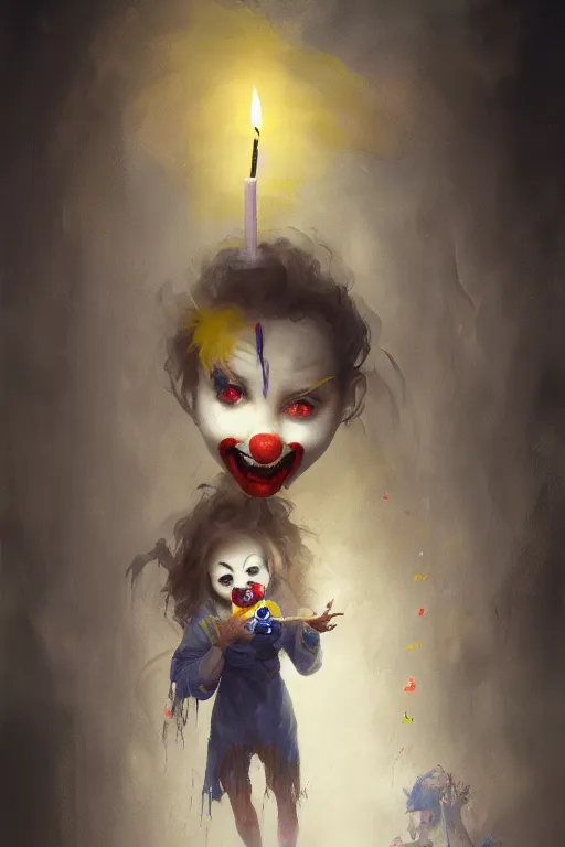 Prompt: Spirit of a creepy clown girl with blue and yellow ribbons in her hair holding a candle in the middle of the room, horror, illustrated by Greg Rutkowski , Trending on artstation,