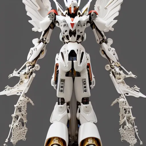 Image similar to futuristic papal mecha, ivory gundam, carved white marble mechanical exoskeleton wearing hardsurface armour, inlaid with gold, ivory rococo, wings lace wear, sculpted by spider zero, zaha hadid, trending on artstation, beautifully lit, hyper detailed, insane details, intricate