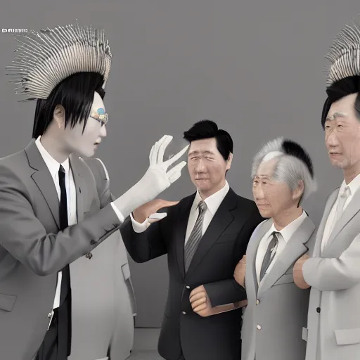 Prompt: japanese salaryman with extremely elegant headdress with group of elders celebrating big american deal, beautiful, hand painted textures, cloth physics, deviantart, masamune shirow, black and white, beautiful lighting, photorealistic, concept art, perfect render, 3 d render, pixar, 8 k