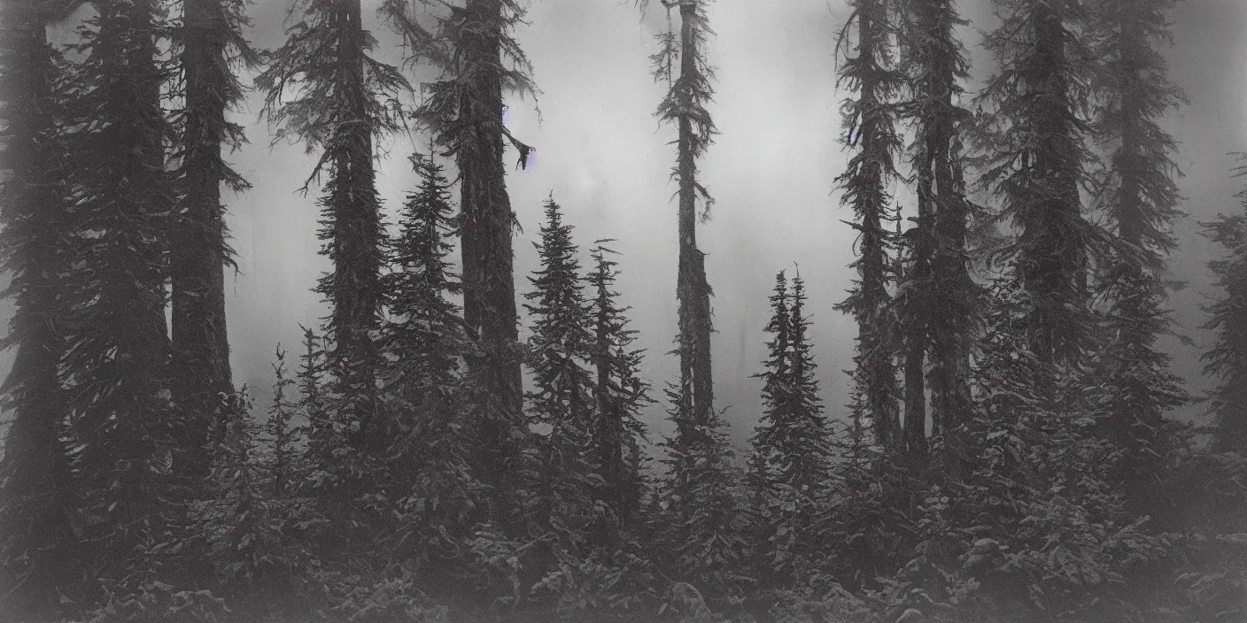 Prompt: photography of dense and foggy alpine forest and roots, dolomites in background, 1. 2 f, 3 5 mm, dark, eerie, 1 9 2 0 s ghost photography