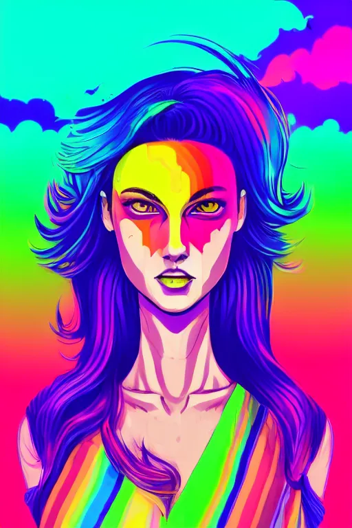 Image similar to a award winning half body portrait of a beautiful woman with stunning eyes in a croptop and cargo pants with rainbow colored ombre hairstyle head in motion and hair flying by josan gonzales, neon outlines, outrun, vaporware, shaded flat illustration, digital art, trending on artstation, highly detailed, fine detail, intricate