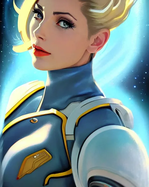 Image similar to mercy from overwatch, ashley greene's face combined with grace kelly's face, in space, character portrait, portrait, close up, concept art, intricate details, highly detailed, vintage sci - fi poster, retro future, vintage sci - fi art, vintage, in the style of chris foss, rodger dean, moebius, michael whelan, and gustave dore