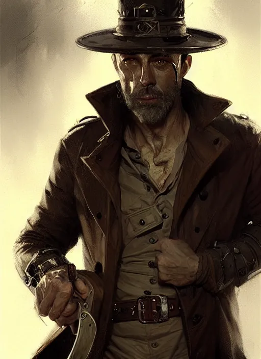 Image similar to portrait of a rugged man wearing a trenchcoat, holding a sword, victorian, concept art, detailed face, fantasy, highly detailed, cinematic lighting, digital art painting by greg rutkowski