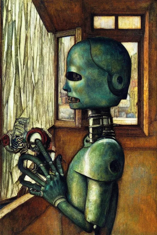 Prompt: the robot wearing her bone crown stands by the window , by Annie Swynnerton and Diego Rivera and Elihu Vedder, symbolist, dramatic lighting, elaborate geometric ornament, Art Brut, soft blues and greens,smooth, sharp focus, extremely detailed, Adolf Wölfli, octane render