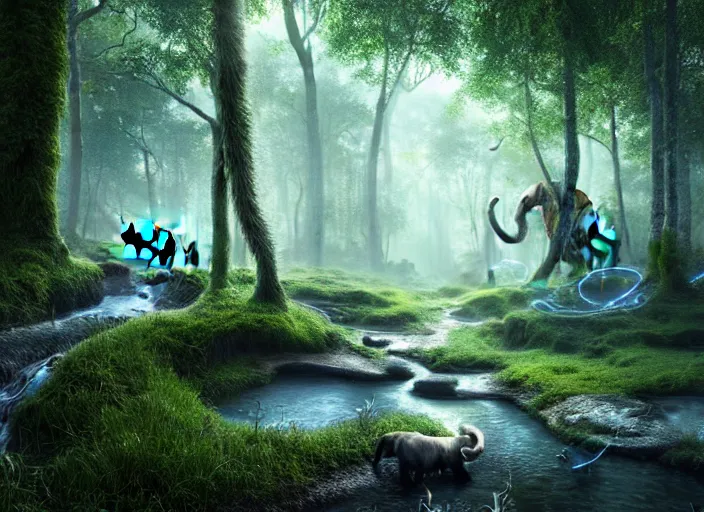 Image similar to hyperrealism, detailed textures, photorealistic, 3 d render, a surreal mystical forest with a bright blue winding creek, a wooly mammoth grazing, ultra realistic cinematic, intricate, cinematic light, concept art, illustration, art station, unreal engine