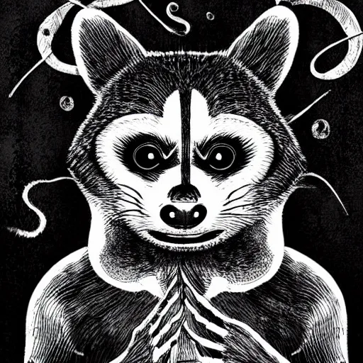 Prompt: black and white illustration creative design, raccoon, junji ito, body horror