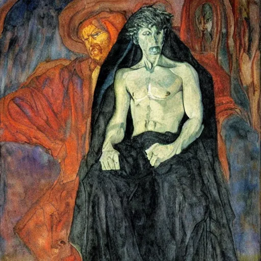 Prompt: comics sandmanin a cloak by Neil Gaiman, in style The Demon Seated, by Mikhail Vrubel, oil painting, art gallery, art museum, small details, whole-length, hyperrealism, black cloak