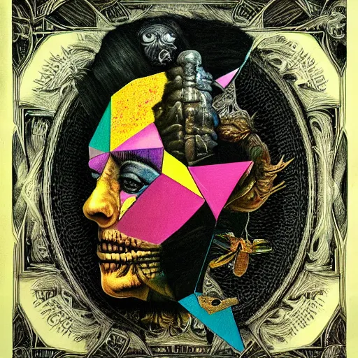 Image similar to new age album cover, asymmetrical design, dollar bank notes, capitalism, magic, apocalypse, psychedelic, black white pastel pink, slightly holographic, magic, giger h. r., giuseppe arcimboldo, highly detailed, intricate