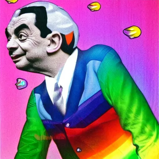 Prompt: Translucent Mr Bean, unicorns, rainbows, cats