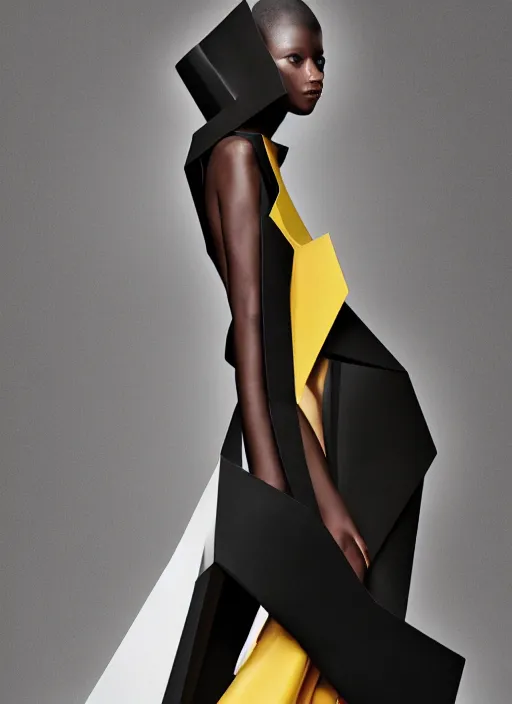 Image similar to an aesthetic portrait of a model detailed features wearing a cargo wedding dress - chic'techno fashion trend by issey miyake and balenciaga