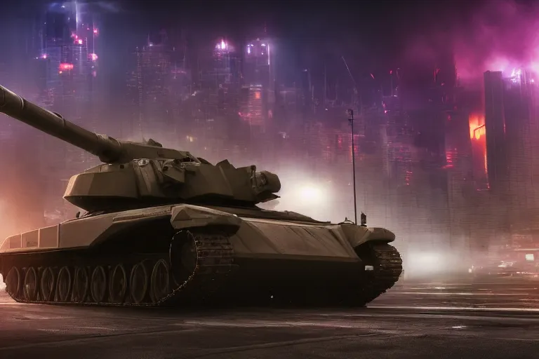 Image similar to large futuristic tank with 3 turrets taking over a futuristic city on fire, night, fog, thunder, rain, cinematic, volumetric lighting, f 8 aperture, cinematic eastman 5 3 8 4 film, photorealistic