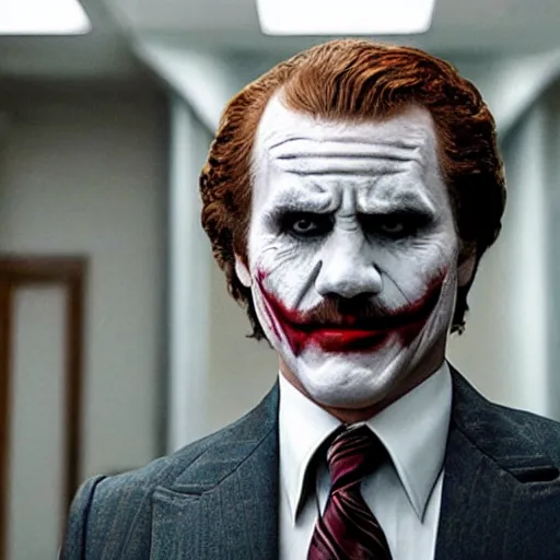 Prompt: a movie still of Ron Burgundy as The Joker in the new movie Batman