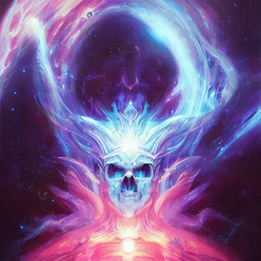 Prompt: the flow of the super nova is what forms the ancient priest skull, by ross tran, oil on canvas