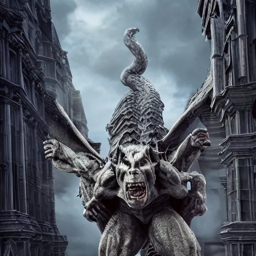 Image similar to full body pose, hyperrealistic photograph of live action gargoyles, dim volumetric lighting, 8 k, octane beautifully detailed render, extremely hyper detailed, intricate, epic composition, cinematic lighting, masterpiece, trending on artstation, very very detailed, stunning, hdr, smooth, sharp focus, high resolution, award, winning photo, dslr, 5 0 mm