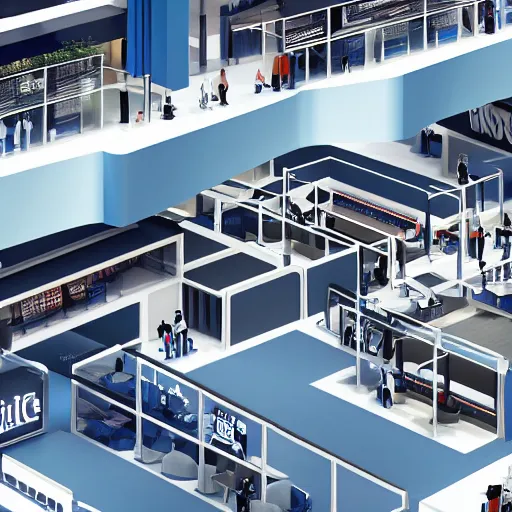 Image similar to interior design of a shopping mall, modern minimal design, blue and grey color scheme, vivid lighting, isometric view, photorealist, 4 k