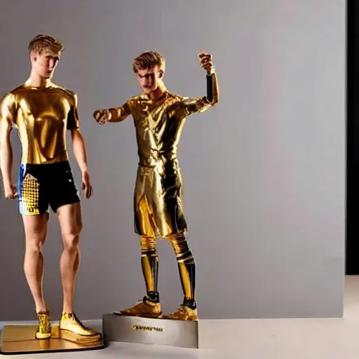 Image similar to a realistic detailed photo of a guy who is an attractive humanoid who is half robot and half humanoid, who is a male android, soccer players martin ødegaard & timo werner, shiny skin, posing like a statue, blank stare, in a living room, on display, showing off his muscles, gold soccer shorts, side view