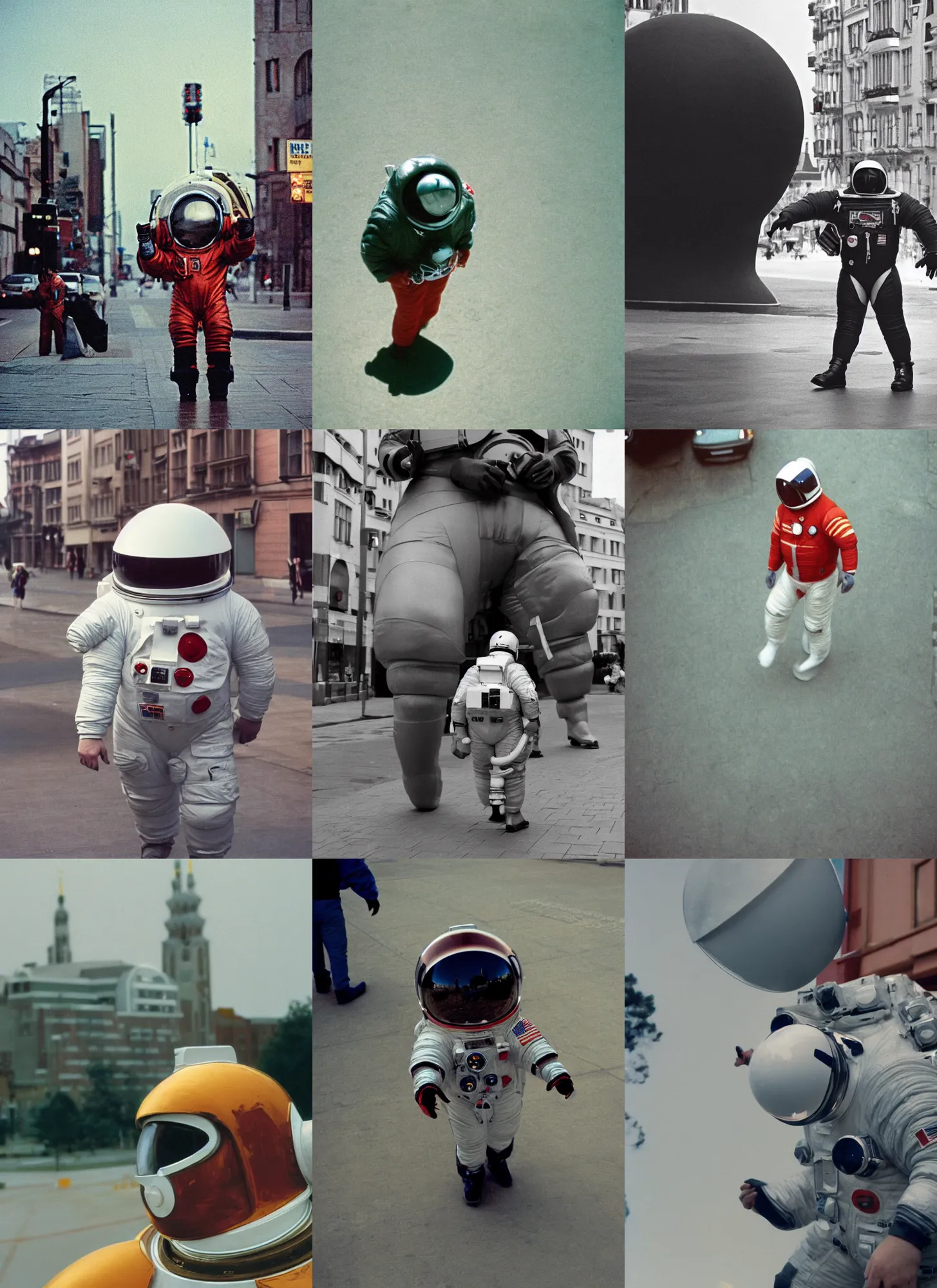 Prompt: high angle, a 3 5 mm kodachrome photo of a enormous giant towering chubby american astronaut in spacesut with oversized helmet walking in legnica, movie still, bokeh, canon 5 0 mm, cinematic lighting, dramatic, film, photography, depth of field, award - winning, overcast, 8 k, 3 5 mm film grain