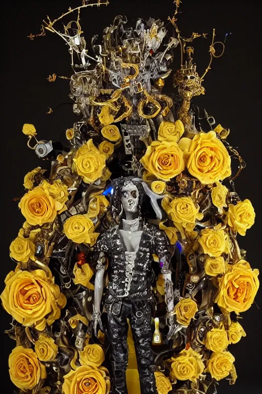 Image similar to full-body baroque and cyberpunk style sculpture of a young handsome Spanish prince half android with a chest opening exposing circuitry and electric sparks, glowing yellow laser eyes, crown of yellow roses, flowing teal-colored silk, fabric, flowers. baroque elements, human skull. full-length view. baroque element. intricate artwork by caravaggio. many many birds birds on background. Trending on artstation, octane render, cinematic lighting from the right, hyper realism, octane render, 8k, depth of field, 3D