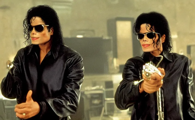 Prompt: michael jackson with shiny glasses inside the movie men in black ii