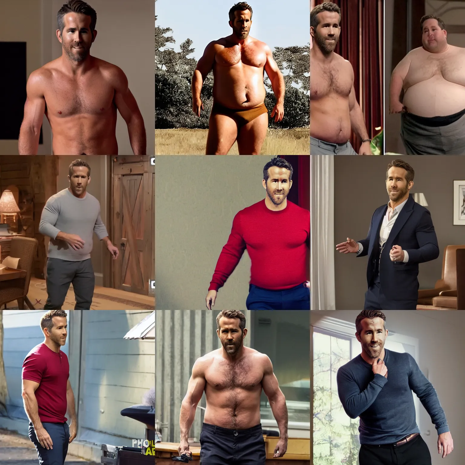 Prompt: ryan reynolds wearing a fat suit, big belly, bloated, tight clothes, 4 k hd