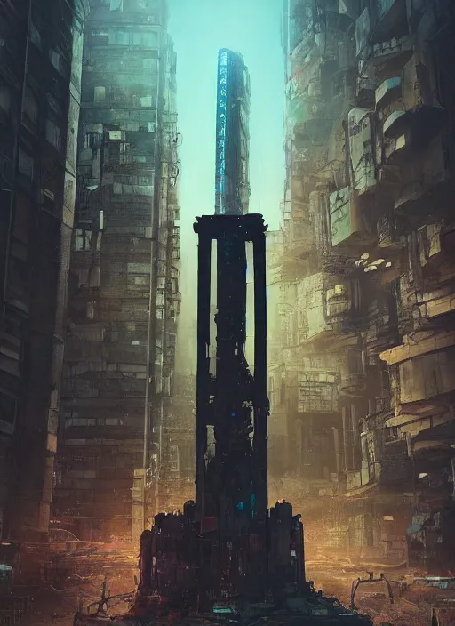 Image similar to a painting of a giant robot standing in front of a post apocalyptic city ruins, cyberpunk art by beeple, artstation hd, nuclear art, dystopian art, apocalypse art, sci - fi