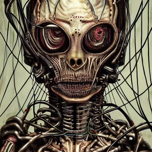Prompt: horrific human cyborg, exposed flesh and wires, metal, dark and scary, h. r giger style painting, highly detailed