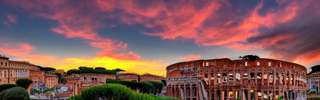 Prompt: sunset on rome, tetrachromacy, realistic photo, landscape, dark, stunning sky, low horizon, award winning