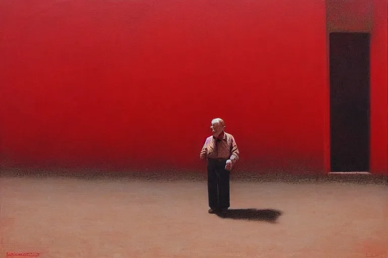 Image similar to only with red, a red old man try to sell a portrait, in a square, cheering crowd, in the style of beksinski, parts by edward hopper, parts by rodcenko, parts by yue minjun, intricate and epic composition, red by caravaggio, insanely quality, highly detailed, masterpiece, red light, artstation, 4 k