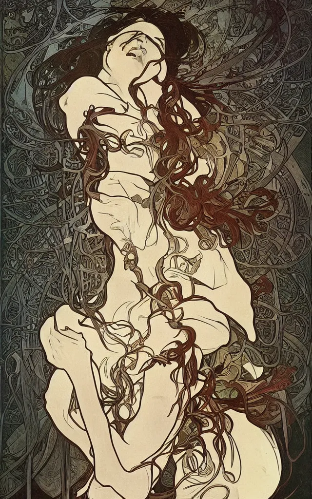 Prompt: pain(t) by tomer hasuka and by alphonse mucha