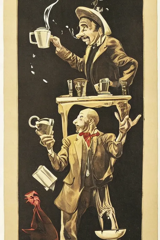 Image similar to an old magic poster showing a magician performing the cups and balls trick