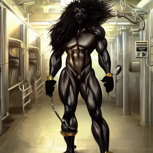 Image similar to splash art of a hyper - muscular black - coated anthropomorphic horse character in a research facility wearing a combat kevlar outfit, long hair, bodybuilder physique, highly detailed, furry, furaffinity, digital painting, artstation, sharp focus, illustration, art by artgerm, greg rutkowski, alphonse mucha