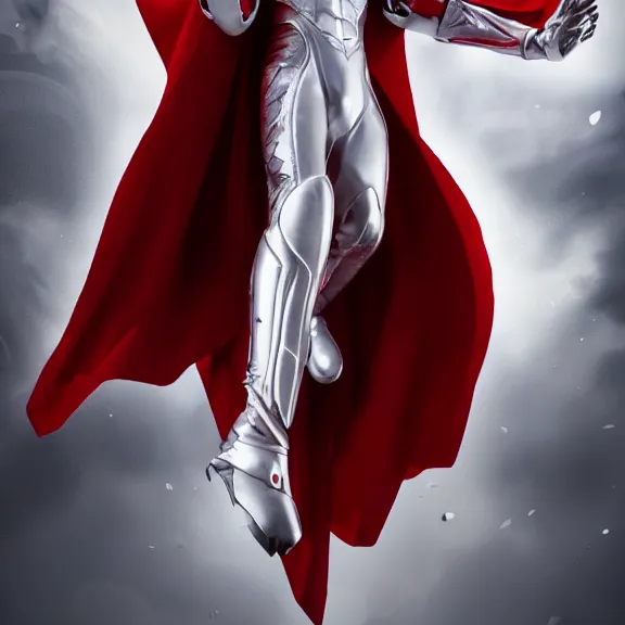 Image similar to cinematic full body shot of a male angel flying, white metallic armor, red cape, elegant pose, detailed arms, detailed white armor, two arms, two legs, detailed fanart, macro art, realistic digital art, DeviantArt, artstation, 3D realistic, 8k HD, octane render